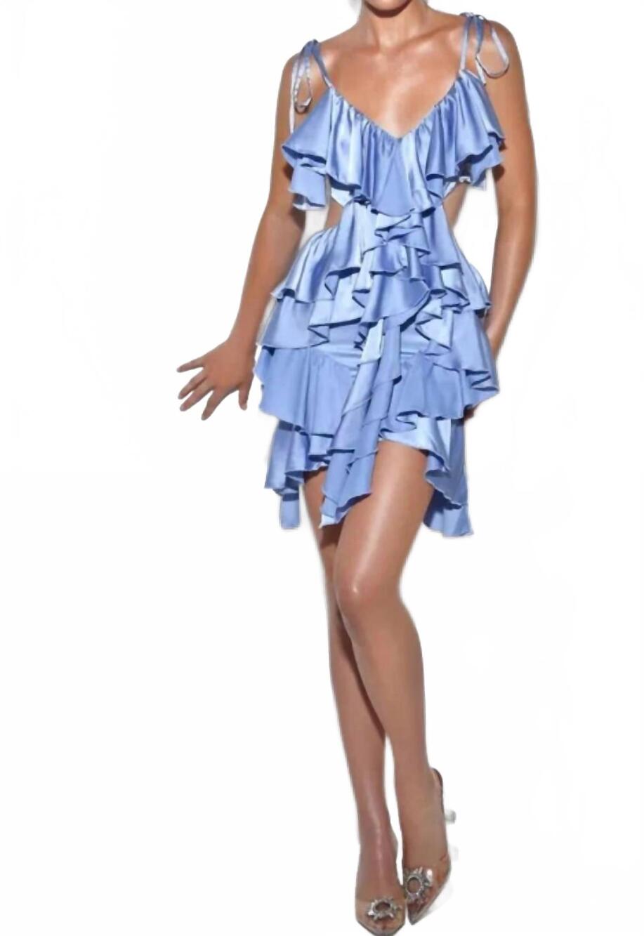 NEW MISS CIRCLE satin cutout ruffle dress in blue